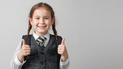 Child With a smile and a thumbs up, showing readiness for the new school year. on a plain background in a school uniform

