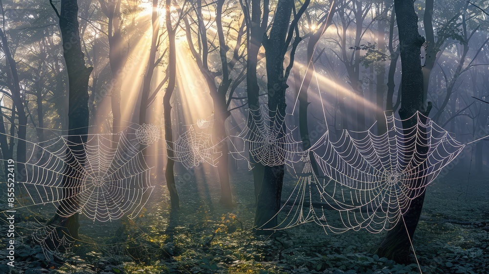 Poster a misty forest at dawn, with light rays piercing through the fog, illuminating the intricate pattern