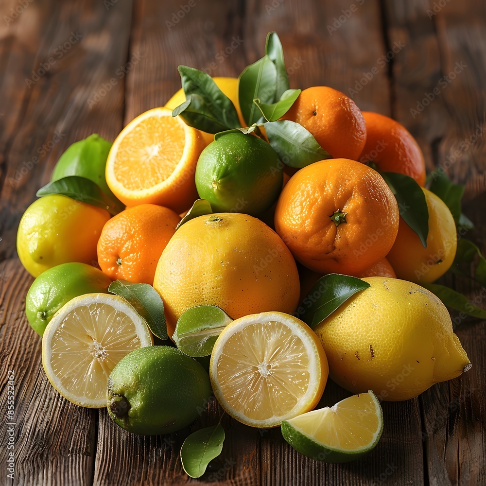 Poster assorted citrus fruits displayed on rustic wooden table with copy space