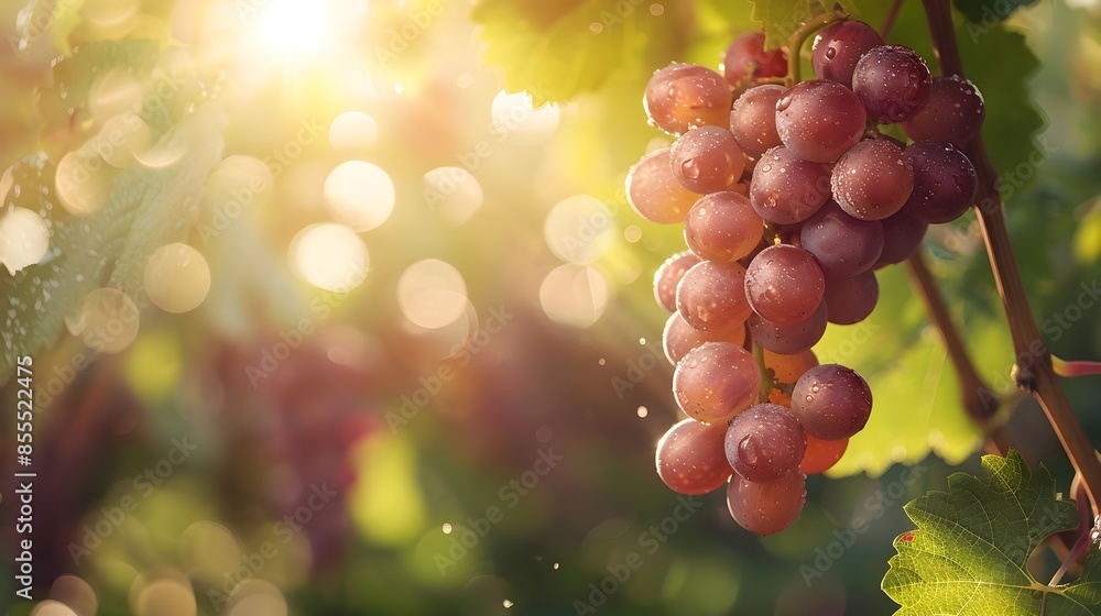 Wall mural vibrant red grapes hanging from lush grapevine with sunlight filtering through leaves