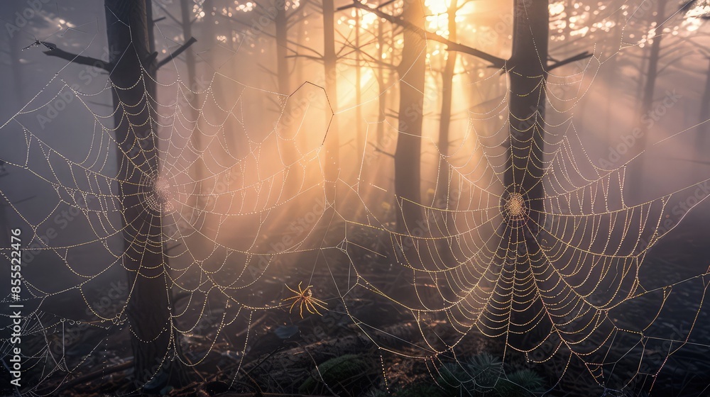 Poster a misty forest at dawn, with light rays piercing through the fog, illuminating the intricate pattern