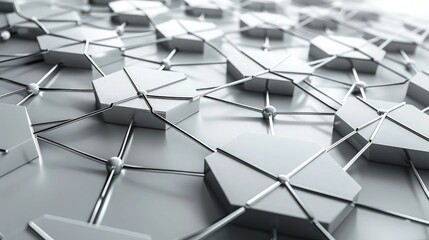 Fototapeta premium Close-up abstract representation of a complex, three-dimensional network structure featuring interlocking polygonal metallic plates and nodes.