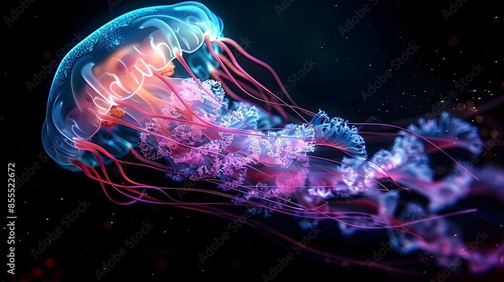 Poster mesmerizing neon jellyfish floating in the darkness glowing tentacles trailing in ethereal radiance