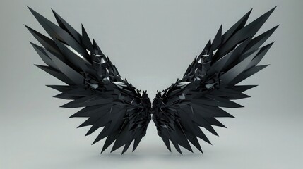 Obraz premium A modern artistic background with stylized black wings composed of geometric shapes and sharp lines against a muted gray backdrop, suggesting a contemporary interpretation of angelic wings.