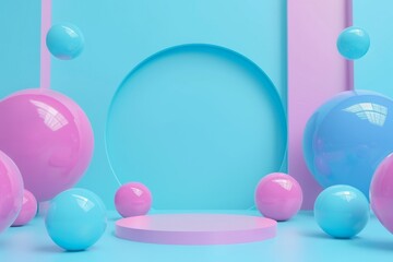 Abstract Pastel Background with Spheres and a Platform. 3D Render of Abstract Podium Background