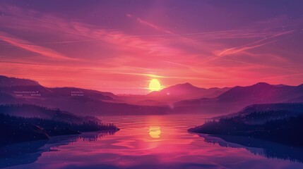 Fototapeta premium Intense magenta sunset reflects dramatically across a calm lake nestled between dark mountain silhouettes, ideal for moody backgrounds.