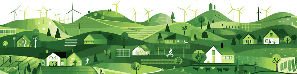 paysage rural vert avec éoliennes panneaux solaires, maisons éco-responsables, transports doux, agriculture bio, illustration d'un village durable en harmonie avec la nature