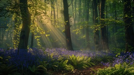 A mystical forest at dawn, with light filtering through dense trees onto a carpet of bluebells and ferns, creating a serene, fairy-like ambiance.