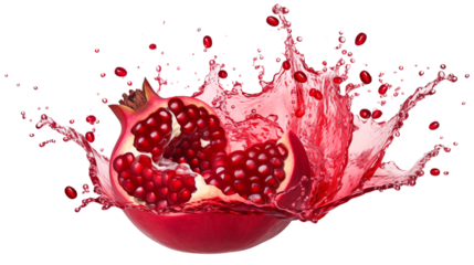 Pomegranate fruit juice splash isolated on transparent white background, clipping path