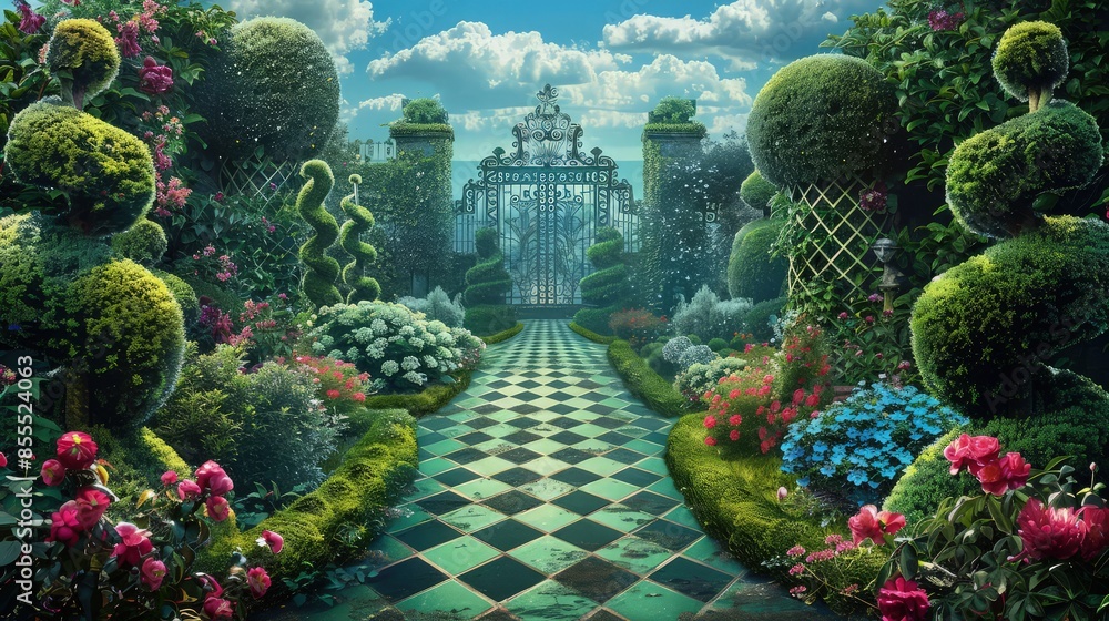 Poster a background depicting a lush garden with a checkerboard pattern path leading to a distant, ornate v