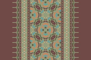 Pixel cross stitch traditional ethnic pattern paisley flower Ikat background abstract Aztec African Indonesian Indian seamless pattern for fabric print cloth dress carpet curtains and sarong