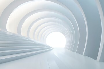 Abstract White Tunnel with Stairway Leading to a Bright Light. 3D Render of Abstract Podium Background
