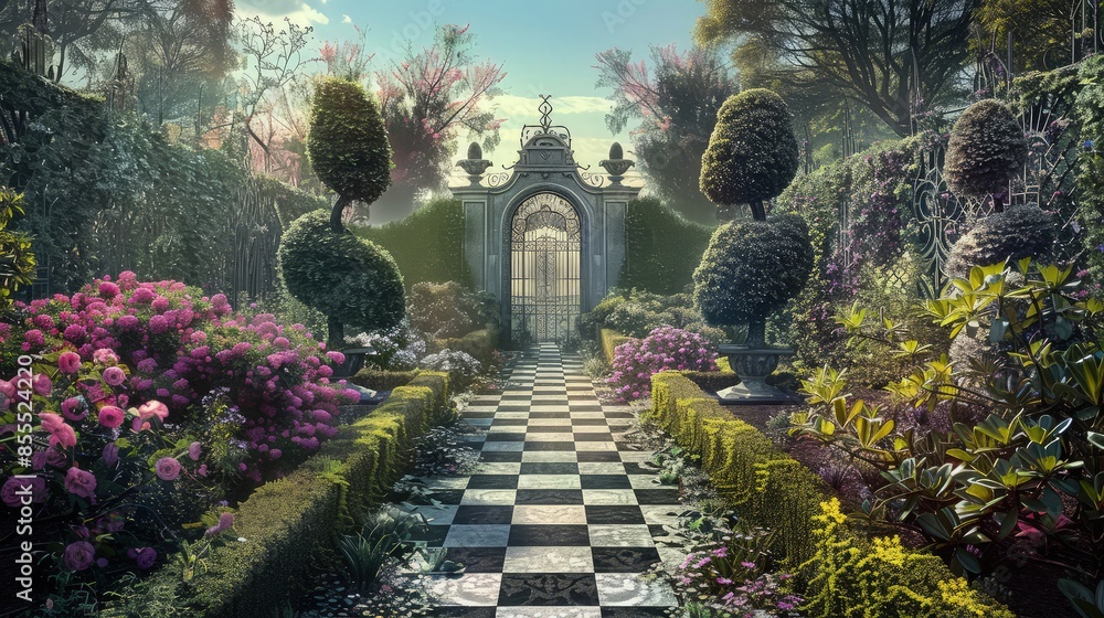 Poster a background depicting a lush garden with a checkerboard pattern path leading to a distant, ornate v