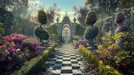 A background depicting a lush garden with a checkerboard pattern path leading to a distant, ornate Victorian gate, surrounded by peculiar topiary shrubs and flowers that seem to whisper secrets.