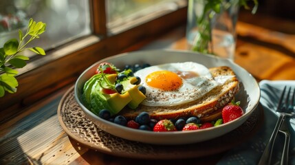 Food for health lovers, fried eggs, berries, avocados