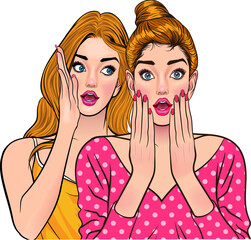 Woman whispering gossip or secret to her friend pop art comics style