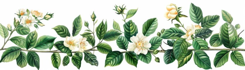 Detailed botanical illustrations with leaves and flowers, Botanical Beauty, Detailed Illustration, Leaf, Flower, Plant, Nature Art, Vignetting, Greenery
