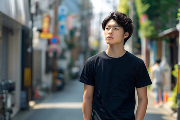 Fototapeta premium Casual boy in black t-shirt standing on city street in daylight. Mockup template.