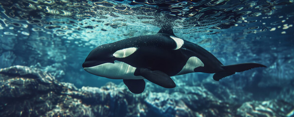 Obraz premium Killer Whale swimming underwater under sea life with sunbeams 