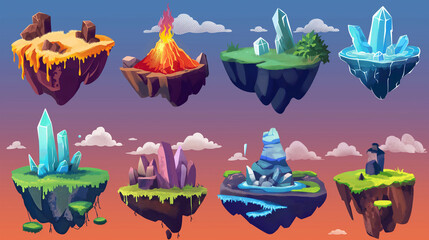 Fototapeta premium Asset of Fantasy flying islands for mobile game or slot game element, Illustration