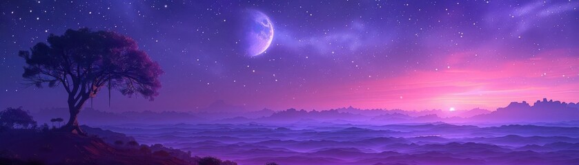Enchanting lowangle view of purple night, starstudded sky, moonlight, serene ambiance, Brand Visual, Mystical, Tranquil Midnight, Fantasy, Astral