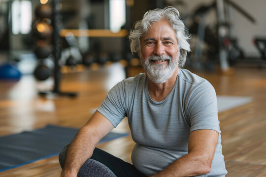 A smiling senior man sits on a yoga mat in a fitness studio