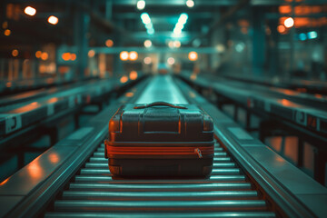 Fototapeta premium The image shows a suitcase on a conveyor belt, often found in baggage claim areas at airports. The variety of colors and sizes of the bags help travelers differentiate themselves from others.
