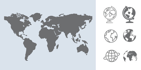 Naklejka premium World map vector grey isolated on white background. Flat Earth, set Globe world map icon.