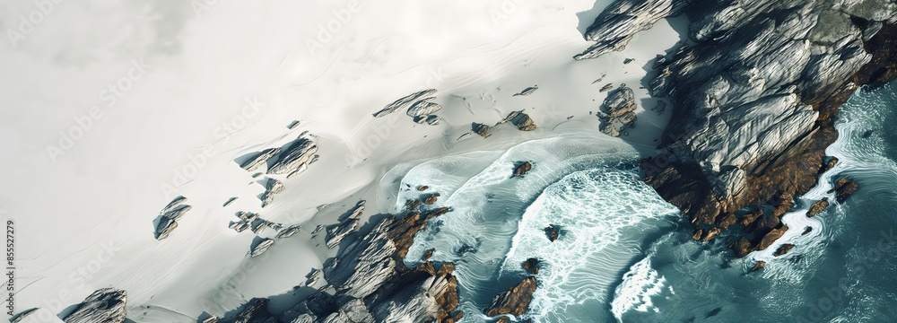 Poster 2. create a panoramic image showcasing the vastness of an ocean coast from above, featuring rolling 