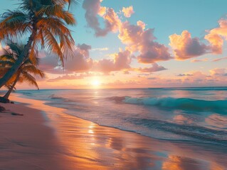 Ocean and fiery orange dusk sky meet, warm beach glow
