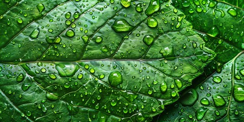 Fototapeta premium macro photo dews illustration wallpaper of green leaves, clear and sharp, green color, droplet, grass, raindrop, beauty, season, botany, backdrop, greenery, wallpaper, textured, liquid, outdoor, 