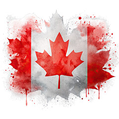 A vibrant watercolor painting of the Canadian flag with splattered ink, representing artistic expression and patriotism. Generative AI