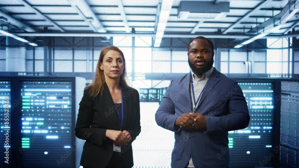 Poster team of admins in high tech data center looking at hologram visualization. engineer and coworker wor