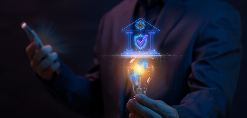 Banking, money, profit, investment, growth business, economy, finance and success concept. Businessman showing glowing neon line of identity proofing sign with banking icon.