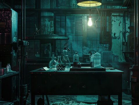 Spooky Halloween Laboratory with Eerie Lighting and Vintage Scientific Equipment