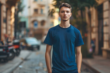 Fototapeta premium Young guy in a blue t-shirt posing on a city street during the day, perfect for casual t-shirt mockup
