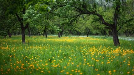 Rolling green meadows sprinkled with golden-yellow flowers set against a backdrop of vivid green grass; a spring park comes alive with the contrast of snow patches under the trees, enhancing the