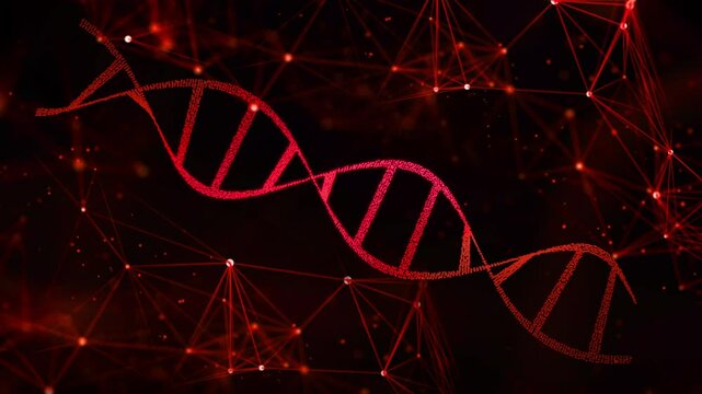 DNA Helix Structure rotating. Genetics, Gene Sequencing, Molecular Biology Science, Gene Expression Mutation. Red futuristic color. 4K