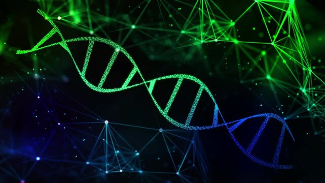 DNA Helix Structure rotating. Genetics, Gene Sequencing, Molecular Biology Science, Gene Expression Mutation. Green and Blue futuristic color. 4K