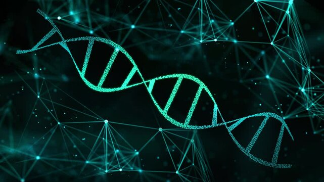 DNA Helix Structure rotating. Genetics, Gene Sequencing, Molecular Biology Science, Gene Expression Mutation. Blue green futuristic color. 4K