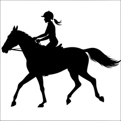 A Lady Jockey riding a running super black horse silhouette.