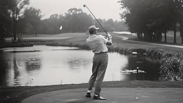 Vintage black and white slow motion video of a golfer on the back swing next to a water hazard.