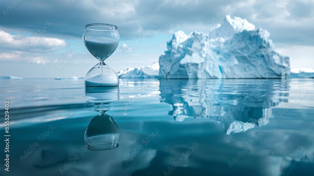 Poster the juxtaposition of an hourglass and an iceberg in the middle of a tranquil ocean creates a powerfu