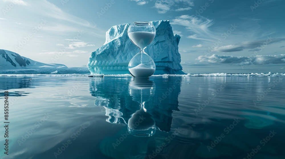 Poster the juxtaposition of an hourglass and an iceberg in the middle of a tranquil ocean creates a powerfu