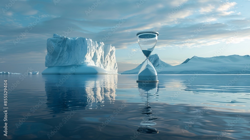 Poster the juxtaposition of an hourglass and an iceberg in the middle of a tranquil ocean creates a powerfu