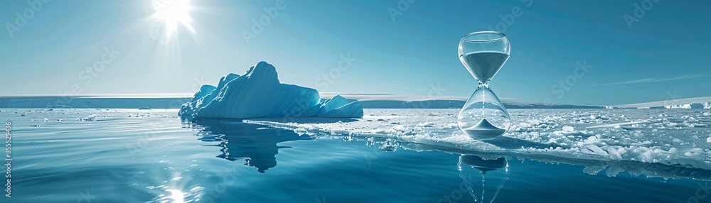 Poster an hourglass placed on a melting iceberg, surrounded by the pristine azure ocean, illustrates the cr