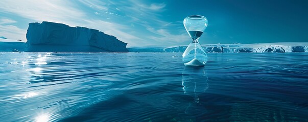 Set against the deep blue waters of the ocean, an hourglass on an iceberg visually narrates the story of global warming and its impact on polar ice. The scene serves as a stark reminder of ecological