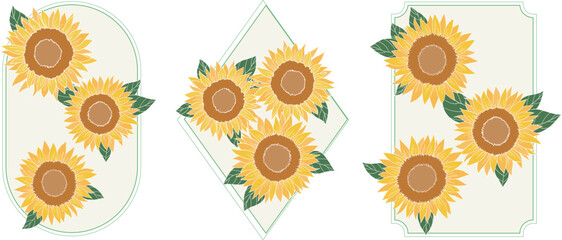 Sunflowers set vector illustration. Yellow flower frame set.