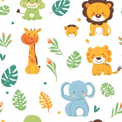 Naklejka premium Adorable Cartoon Animal Themed Patterns for Baby on White Background