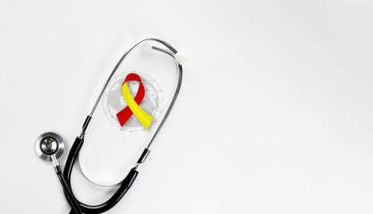 ed and Yellow ribbon. with stethoscope  on white background for World Hepatitis day on July 28th